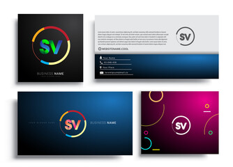 Letter SV logotype with colorful circle, letter combination logo design with ring, sets of business card for company identity, creative industry, web, isolated on white background.