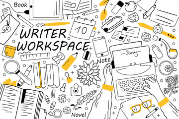 Writer workspace doodle set. Collection of hand drawn sketches templates patterns of writing equipment. Creative occupation and storytelling content book creation illustration