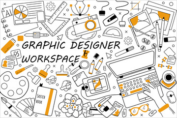 graphic designer workspace doodle set. collection of hand drawn sketches templates patterns of graph