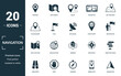 Navigation icon set. Collection of simple elements such as the pinpoint, map search, route, navigator. Navigation theme signs
