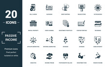 Passive Income Icon Set. Monochrome Sign Collection With Sell E-book, Blogging, Drop Shipping, Online Store And Over Icons. Passive Income Elements Set.