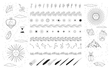 hand drawn boho and celestial suns, stars, constellations, comets and floral borders. spiritual tatt