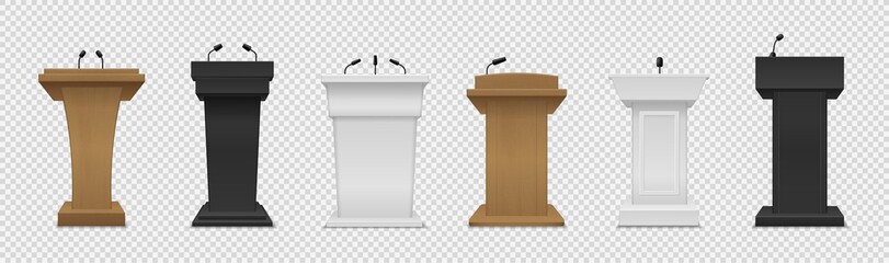 Tribune set. Realistic different color podium with microphones front view, pedestal for lecture, award ceremony, interview and political debate, 3d empty platform vector isolated set