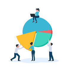 Wall Mural - Teamwork, data analysis and corporate strategy - people group analyze and collect pie chart - colorful circular diagram - vector illustration