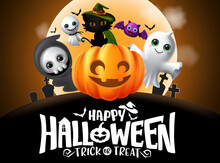 Halloween Vector Background Template. Happy Halloween Greeting Text With Scary Characters Like Pumpkin Lantern, Grim Reaper, Ghost And Cat Silhouette For Tick Or Treat Design. Vector Illustration 