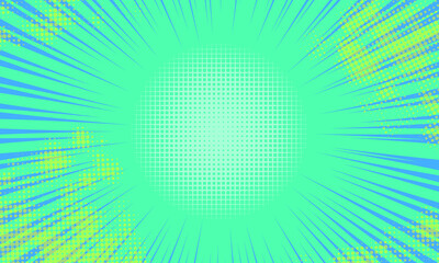 Comic book abstract template with rays and halftone. Humor effects on radial background. Illustration in magazine style, trendy colors. Copyspace for advertising or design. Dotted, geometric green.