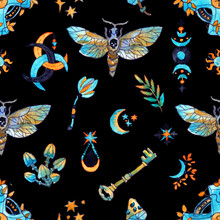 Seamless Pattern With Moth Butterfly And Mysterious Symbols - Key, Mushroom, Plant On Black.
