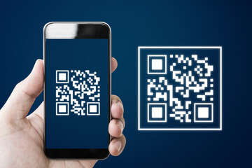 qr code scanning payment and verification. hand using mobile smart phone scan qr code