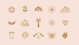 Fototapeta Boho - Vector set of linear icons and symbols - sun, plants, different objects - minimalistic design elements for tattoo or decoration