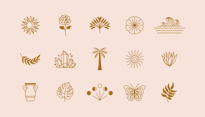 Fototapete - Vector set of linear icons and symbols - sun, plants, different objects - minimalistic design elements for tattoo or decoration