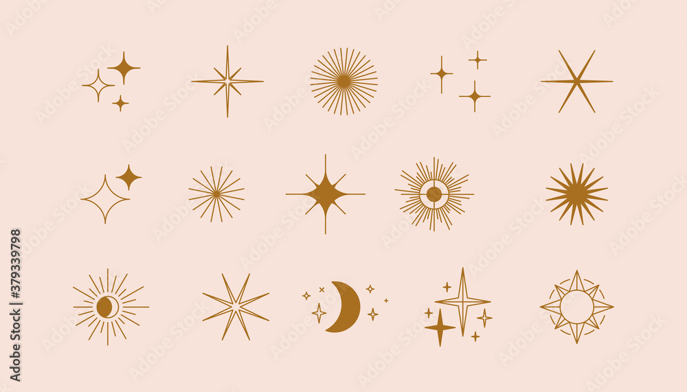 Vector Set Of Linear Icons And Symbols Stars Moon Sun Abstract Design Elements For Decoration Or Logo Design Templates In Modern Minimalist Style Wall Mural Venimo Vector Set Of Linear Icons And Symbols Stars Moon Sun Abstract Design Elements For Decoration Or Logo Design Templates In Modern Minimalist Style Wall Mural Venimo