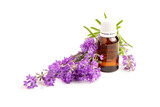 Fototapeta Lawenda - A bottle with essential oil and a bouquet of lavender on a white isolated background.  Mock up.