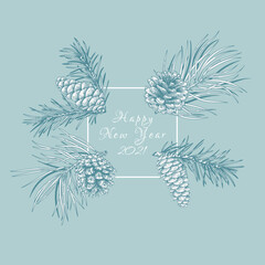 Wall Mural - Winter square frame with fir and pine branches and cones. New year vector illustration.  Light blue background and white greeting.