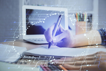 double exposure of woman's hands on background with technology and digital coding icons. data develo