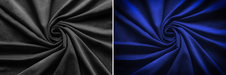 Top view of circular spiral fabric, black and blue cotton fabric, blue and black cloth background, Spiral swirl fabric, swirl cloth, Twisted background, twisted cloth, High resolution, 