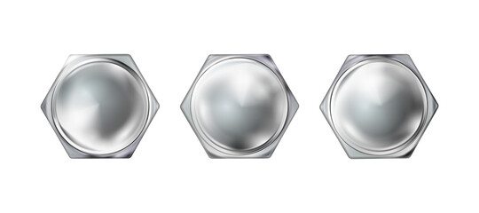 Set gllossy polished metal realistic bolt head, screw cap. Twisted in surface isolated on white background. Macro chrome top view of wide a hat shiny metalwares. Vector illustration.