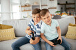 © JustLife - Happy brothers playing video games. Young brothers having fun while playing video games in living room.