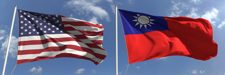 Wall Mural - Waving flags of the USA and Taiwan on flagpoles, 3d rendering