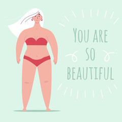 A beautiful plump woman in a swimsuit stands in full growth. Concept of body positivity, self-love, overweight. Flat vector female character