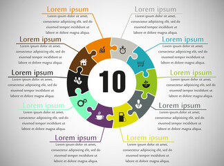 Fototapete - Ten sided puzzle presentation infographic template with explanatory text field for business statistics