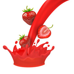 Poster - Realistic Detailed 3d Red Strawberry with Splash Juice. Vector