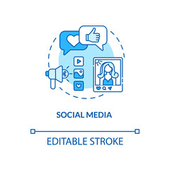 Social media concept icon. Communication channels. Living social life online. Information from internet idea thin line illustration. Vector isolated outline RGB color drawing. Editable stroke