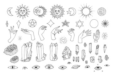 hand drawn doodle set of black line art in boho style. collection of witch female hands, celestial o