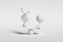 Balancing Spheres In White Monochrome Color. Conceptual 3d Render Of Mindfulness, Relax And Harmony.