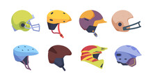 Sport Helmet. Motorbike Safety Accident Helmet Vector Illustrations Collection. Colored Helmet Baseball And Hockey