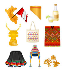 Wall Mural - Peru Country Attributes with National Clothing and Beverage Vector Set