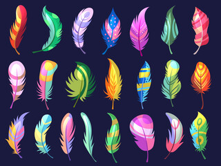 Sticker - Beauty feathers. Colored birds texturized soft feathers tribal ornamental illustrations. Bird feather design, wing color texture pattern