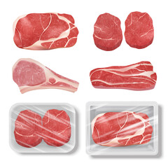 Wall Mural - Realistic meat. Cow chicken pork steak grill food beef raw vector illustrations set. Beef steak raw, bbq bacon pork