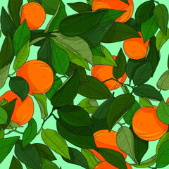 Realistic orange tree and leaves seamless pattern template. Vector illustration on bright blue background for games, background, pattern, decor. Print for fabrics and other surfaces.