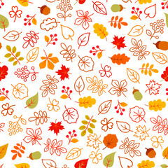 Wall Mural - Autumn leaves seamless pattern. Leaf icon set in ornamental tile background. Fall nature backdrop in line art style.