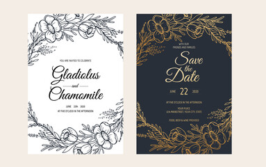 Minimalist wedding invitation card template design. Template, Frame with Delicate Flowers, Branches, Plants.