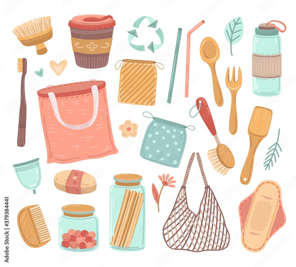 Reduce Objects Vetor Zero waste. Reusable objects, ecology life and reduce plastic ...
