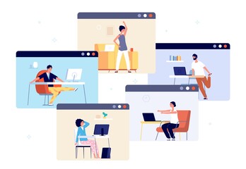 Wall Mural - Home office exercise. Work break relax, business people working online and doing yoga. Wellbeing training, mind clear and calm vector. Relax exercise in office, wellness relaxation illustration