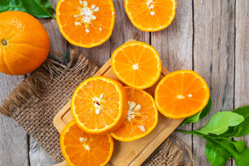 Fresh oranges  fruit  slice on a wooden