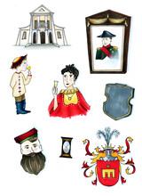 Hand Drawn Illustration Of Renaissance And Enlightenment Period Stickers: Lady, Gentry, Napoleon, Coat Of Arms Of A Noble Family, Manor, Old Clock