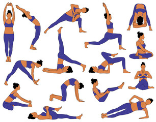 Wall Mural - Set of vector silhouettes of girl doing yoga exercises.  Colored icons of flexible woman in costume stretching her body in different yoga poses. Shapes of woman isolated on white background.