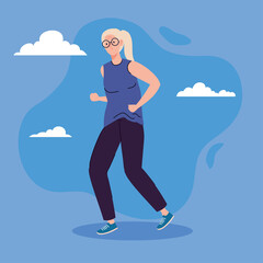 Wall Mural - cute old woman walking, on blue background vector illustration design