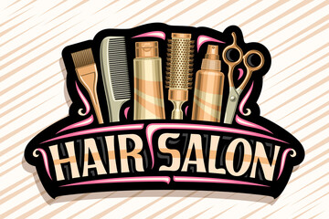 Vector logo for Hair Salon, dark decorative sign board with professional beauty accessories, unique letters for brown words hair salon, elegant signage for beauty parlor with red curly flourishes.