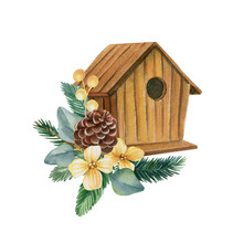  Christmas Decoration, Birdhouse Isolated White Background, Watercolor Drawings, Festive Design