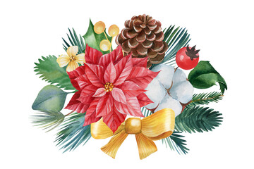 Wall Mural - Christmas flower, bouquet with poinsettia, cotton and cone on an isolated white background, watercolor drawings