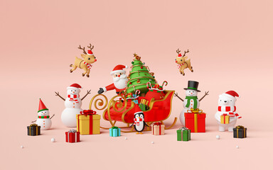 Wall Mural - Merry Christmas and Happy New Year, Scene of Christmas celebration with Santa Claus and friends, 3d rendering