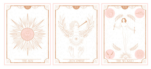 Set of Tarot card, Major Arcana. Occult and alchemy symbolism. The Sun, Judgement, The World. Editable vector illustration.