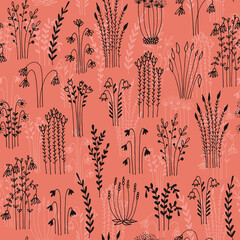 Wall Mural - Herbs and flowers seamless vector pattern, isolated on pink background