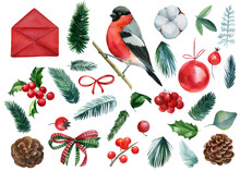 Christmas Set On Isolated White Background, Watercolor Drawings