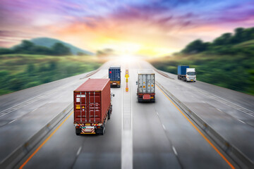 Truck transport container on highway at sunset, motion blur effect, logistics import export background and cargo transport industry