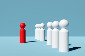 Single red figure standing out from a line of white figures, leadership, standing out or bravery concept over blue background